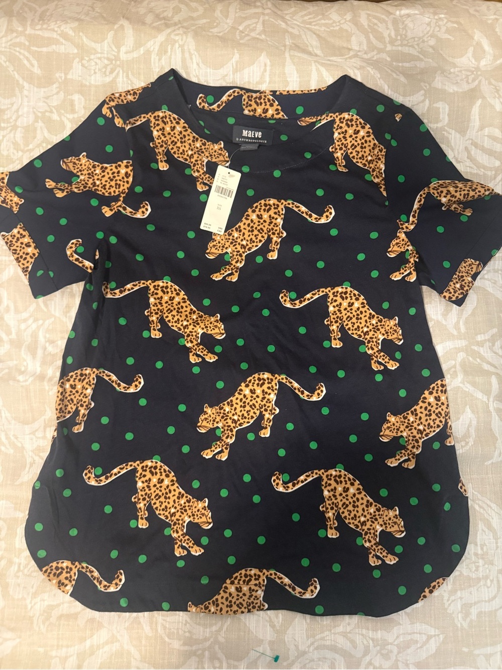 Anthropologie x Maeve Navy Tee with Tan Leopard and Green Polka Dots